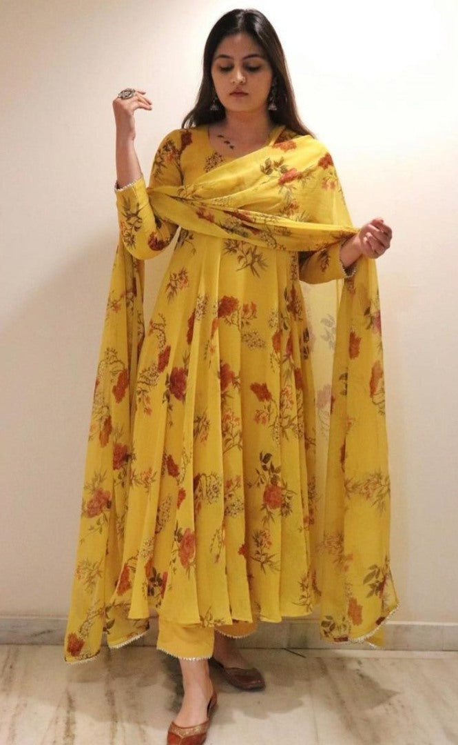 Yellow georgette floral printed anarkali suit