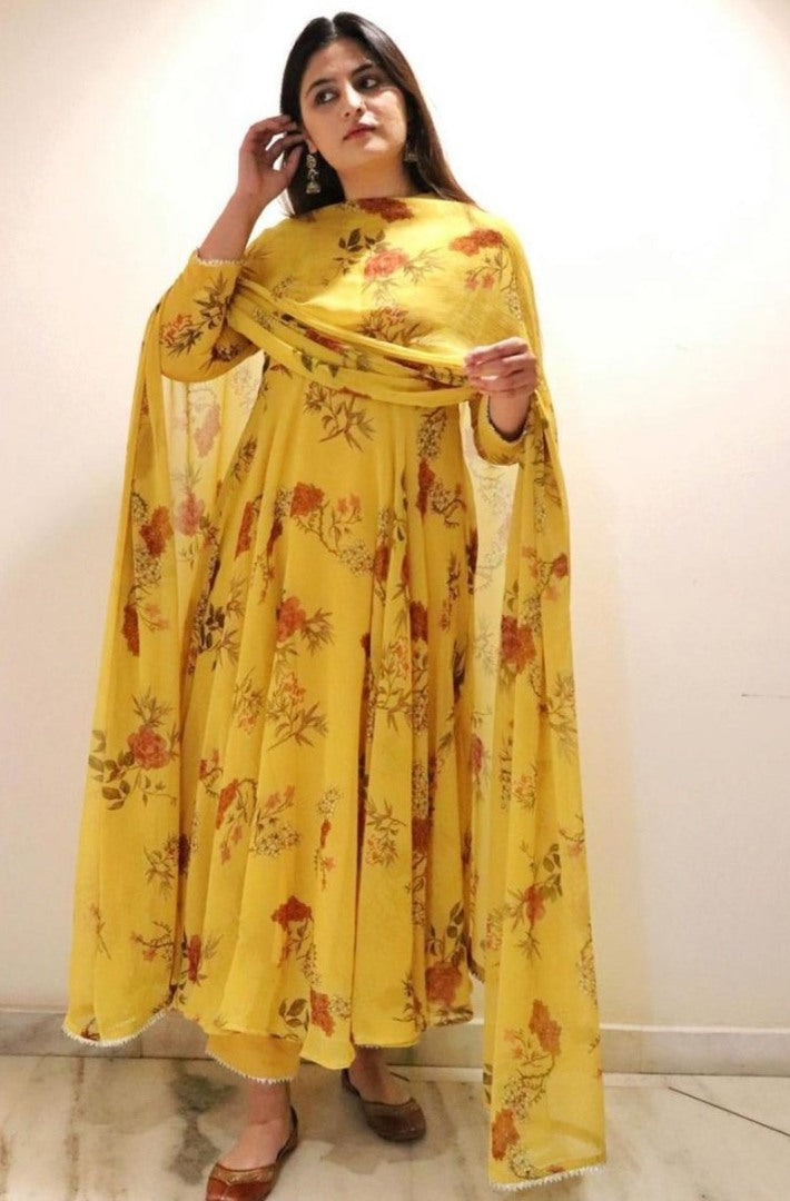 Yellow georgette floral printed anarkali suit