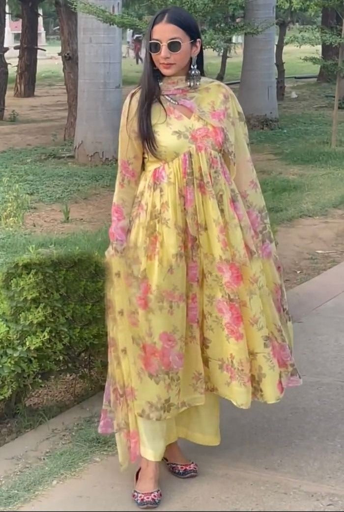 Yellow georgette floral printed casual anarkali suit