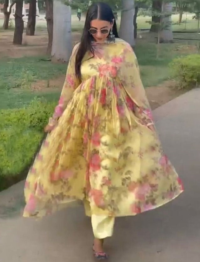 Yellow georgette floral printed casual anarkali suit