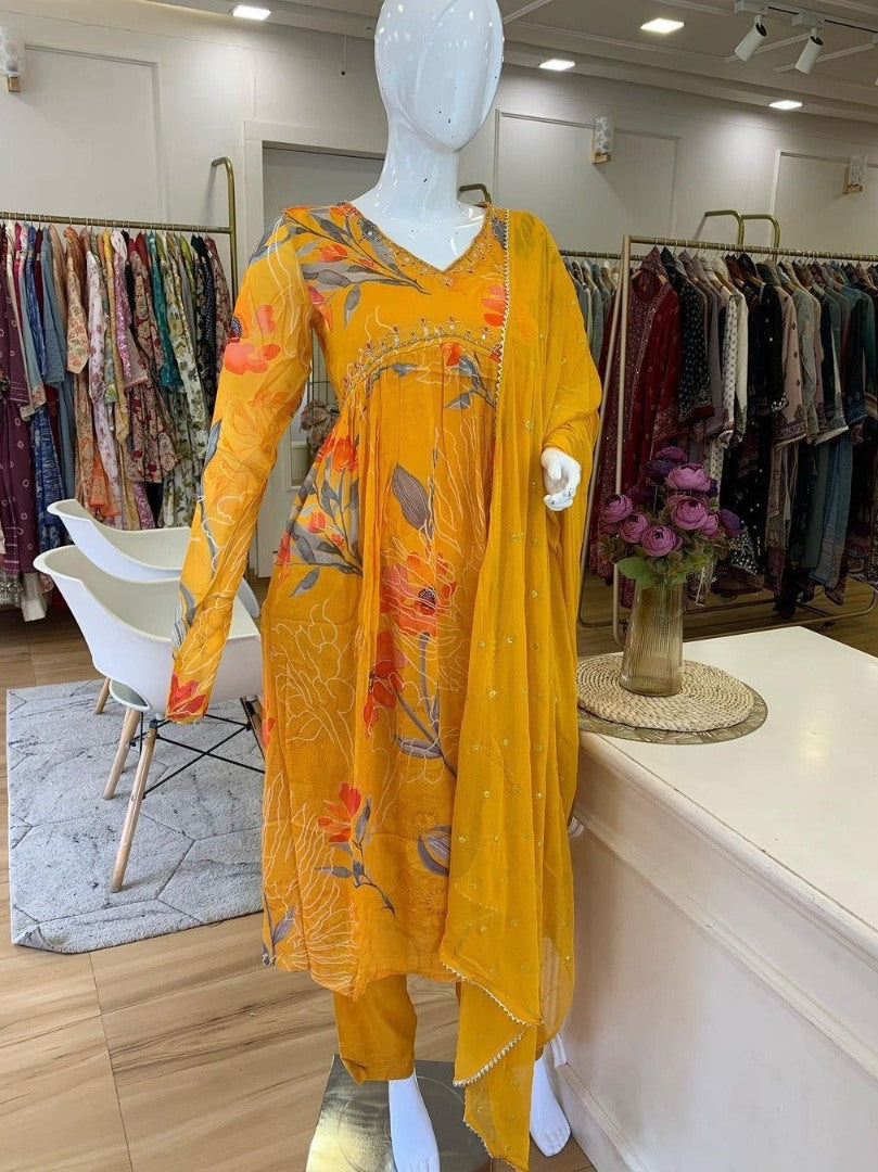 Yellow georgette floral printed hand work alia cut suit