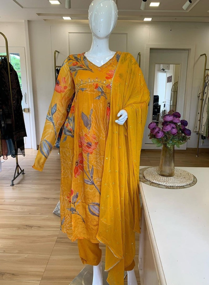 Yellow georgette floral printed hand work alia cut suit