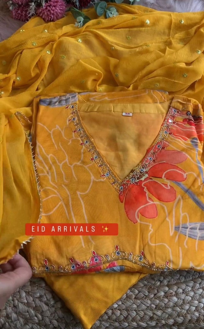 Yellow georgette floral printed hand work alia cut suit