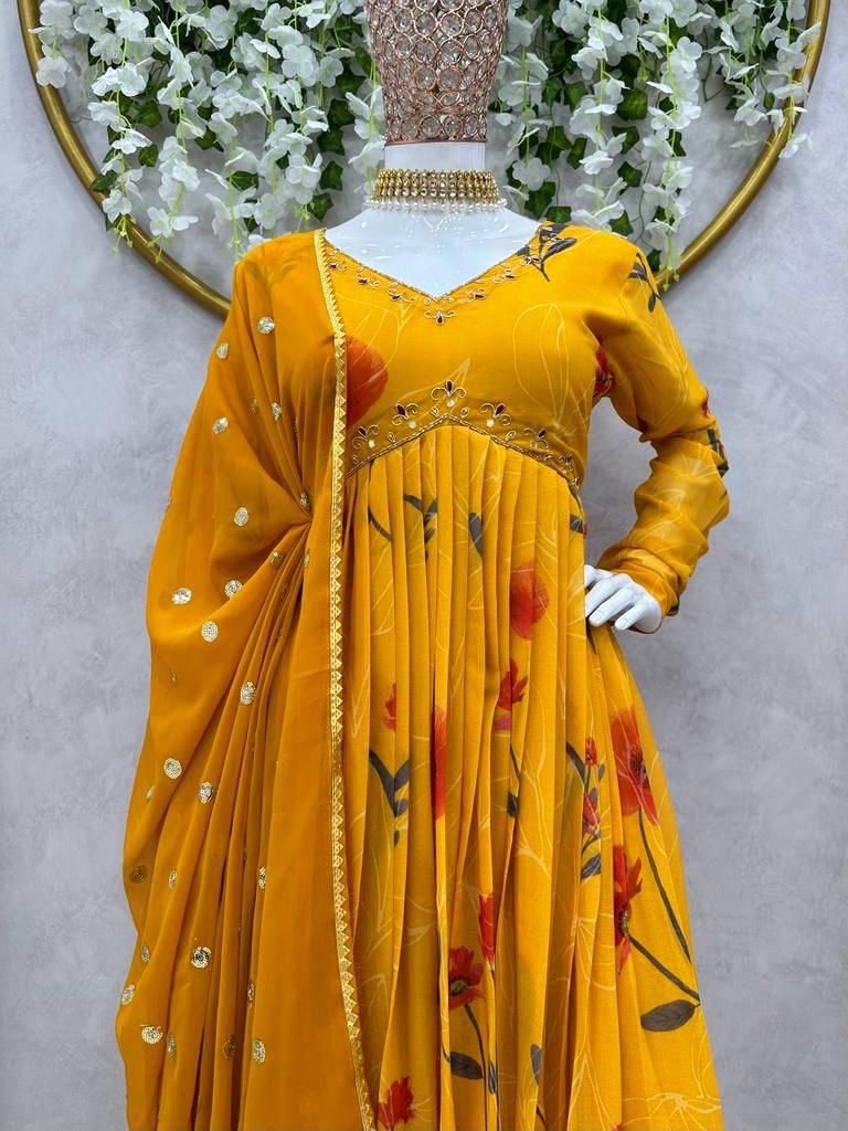 Yellow georgette floral printed hand work alia cut suit