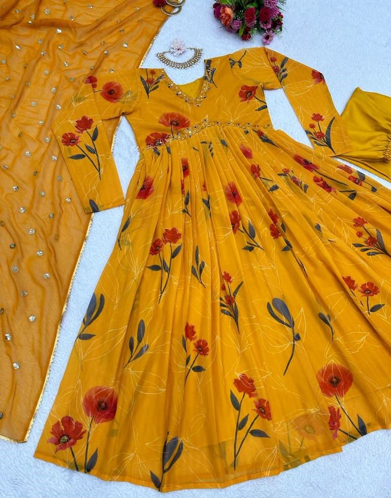 Yellow georgette floral printed hand work alia cut suit