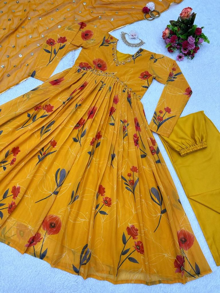 Yellow georgette floral printed hand work alia cut suit