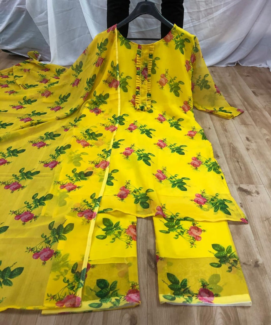 Yellow georgette floral printed plazzo suit
