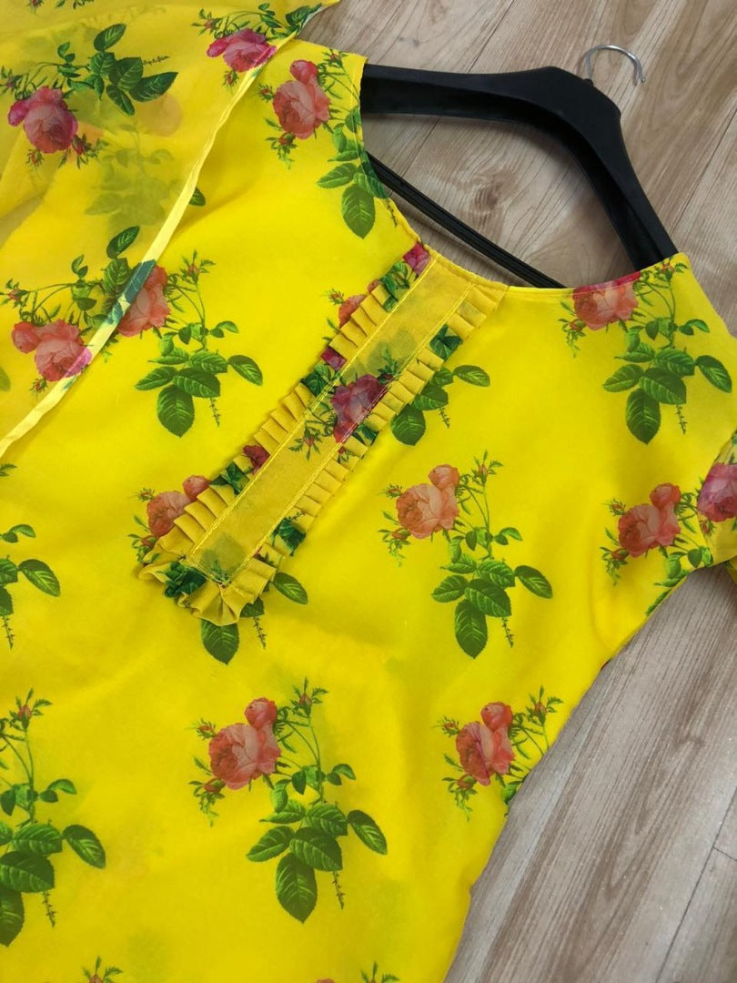 Yellow georgette floral printed plazzo suit