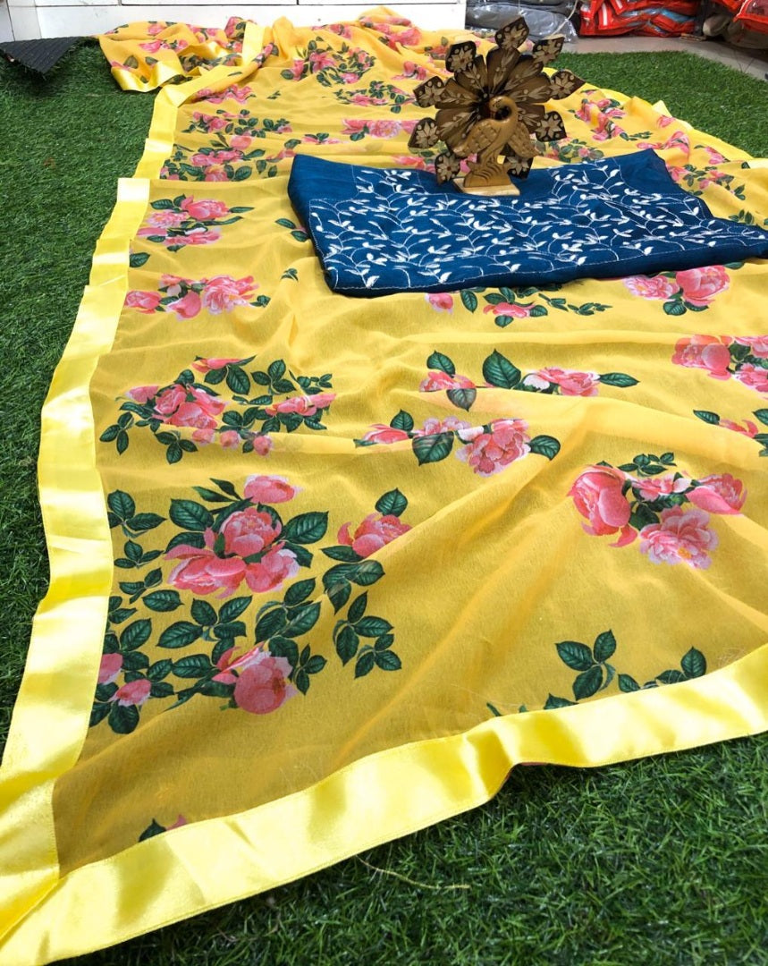 Yellow georgette floral printed saree