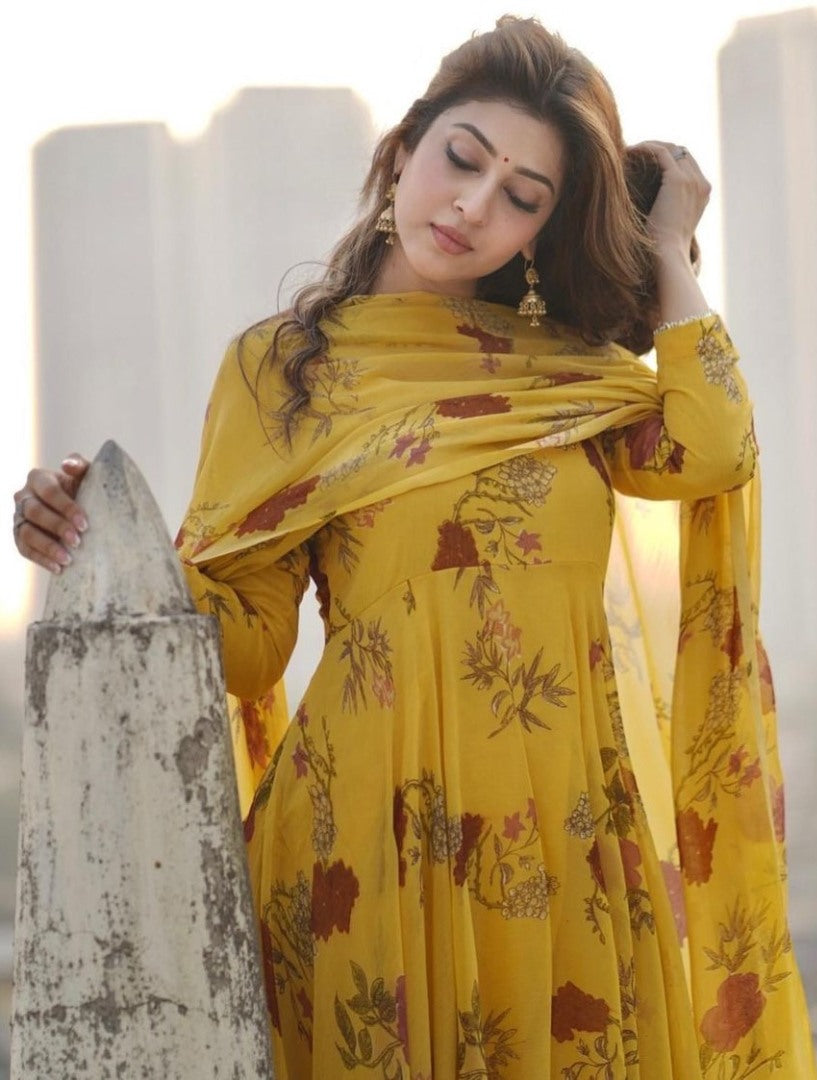Yellow georgette flower printed anarkali suit