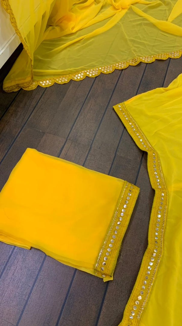 Yellow georgette foil mirror work ceremonial lehenga choli