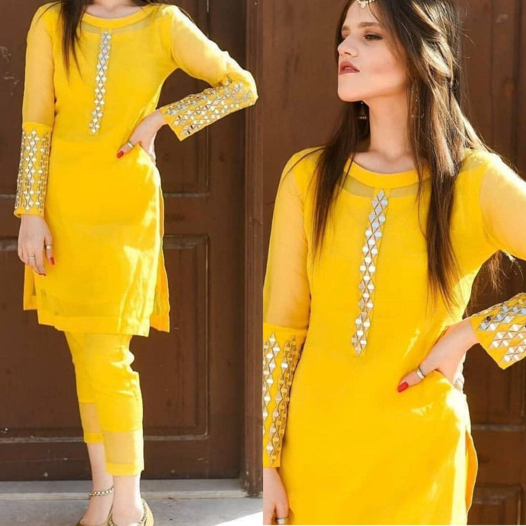 Yellow georgette foil mirror work kurti