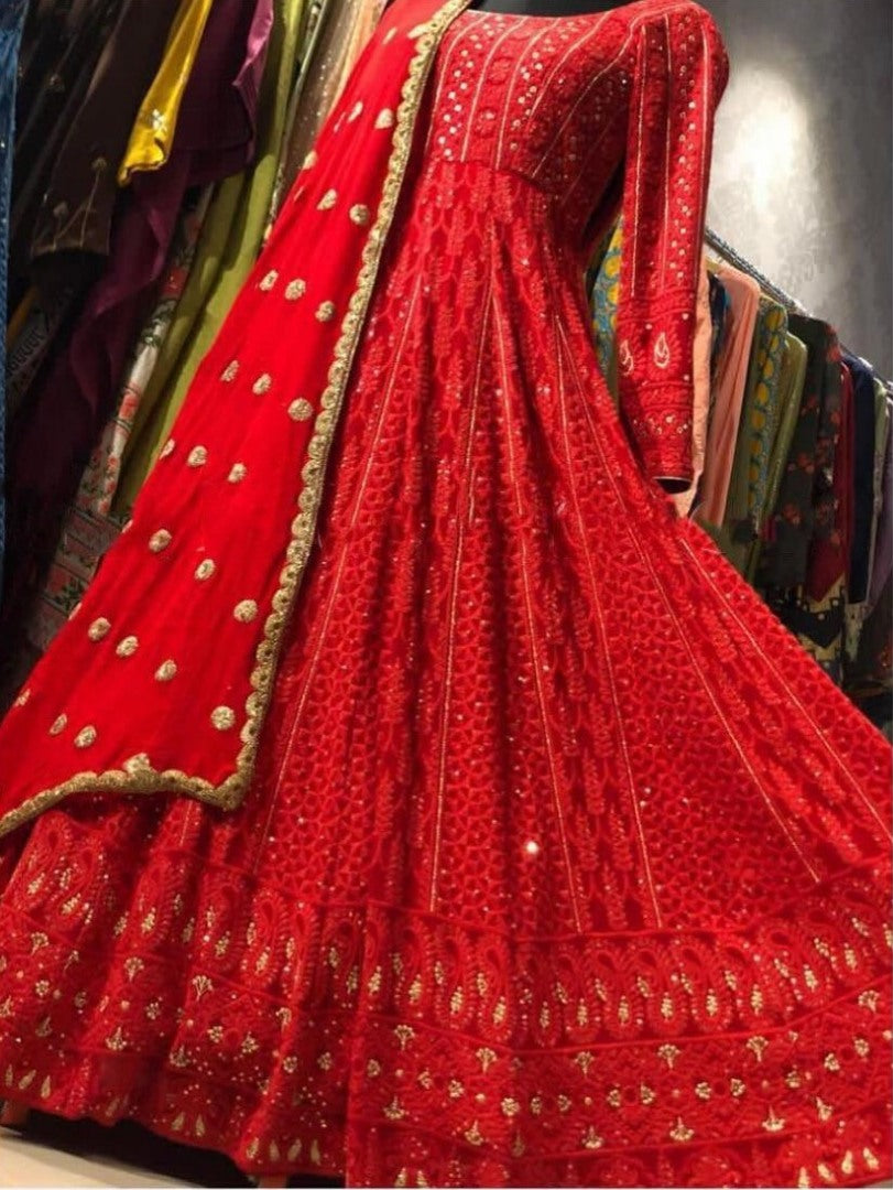 Yellow georgette heavy ari worked wedding long anarkali suit