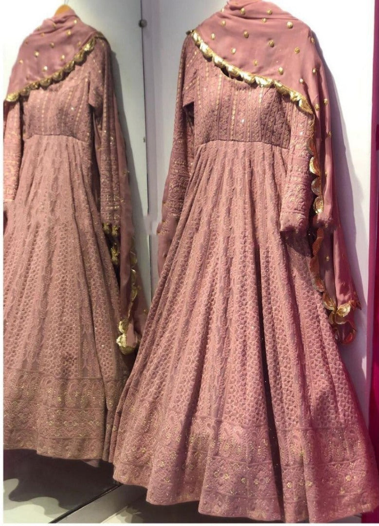 Yellow georgette heavy ari worked wedding long anarkali suit