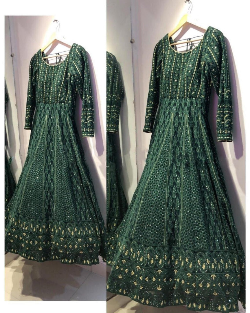 Yellow georgette heavy ari worked wedding long anarkali suit