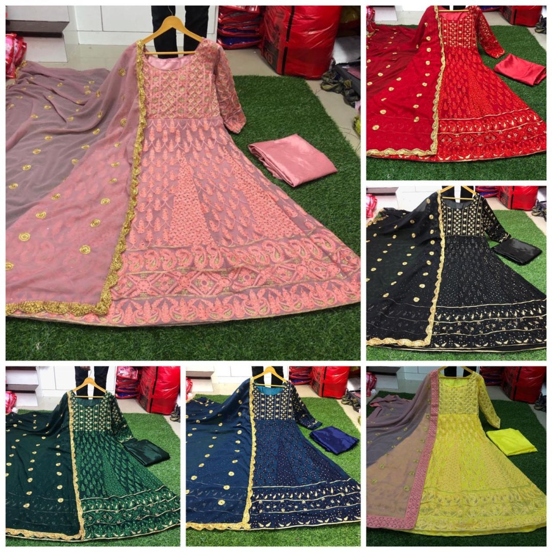 Yellow georgette heavy ari worked wedding long anarkali suit