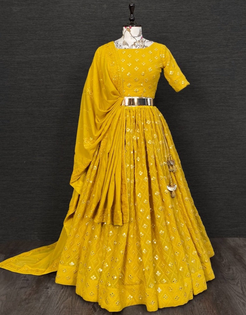 Yellow georgette heavy embroidered lehenga choli for haldi ceremony