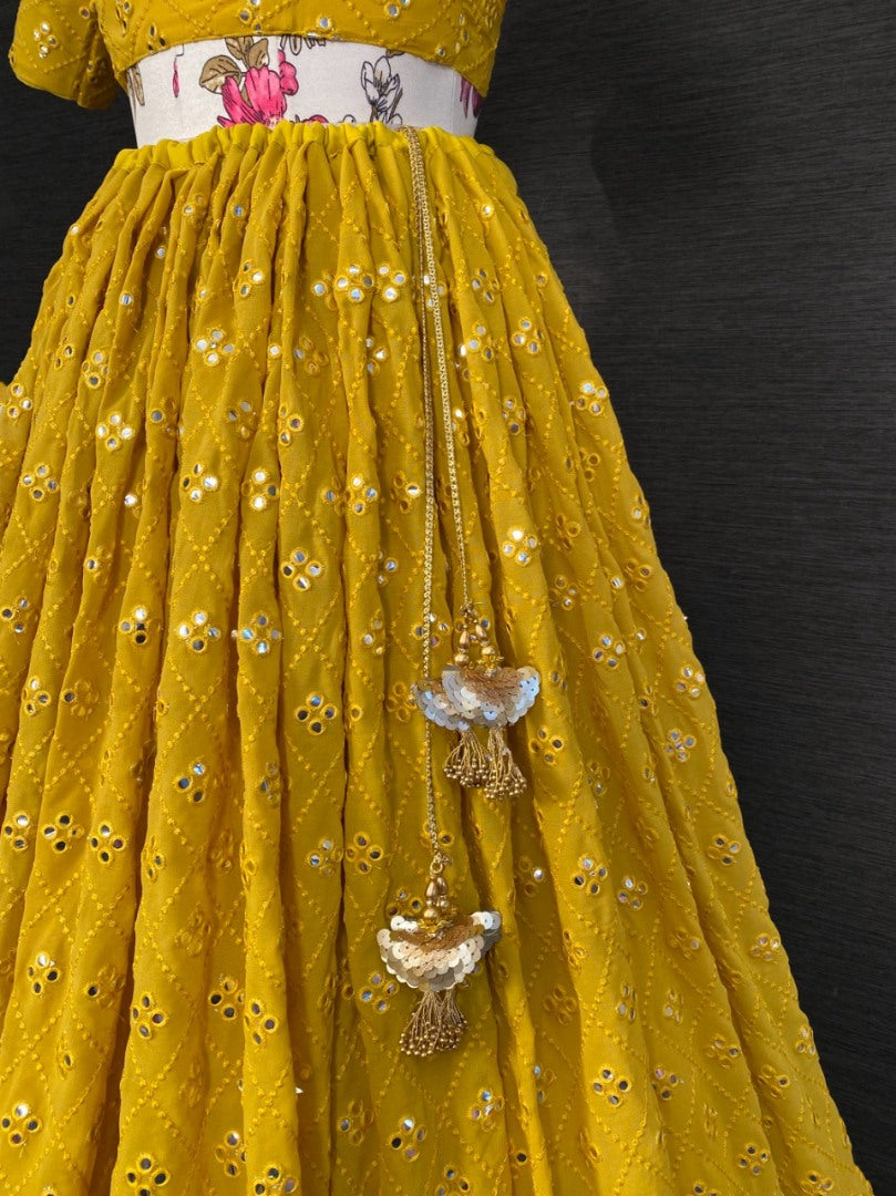 Yellow georgette heavy embroidered lehenga choli for haldi ceremony
