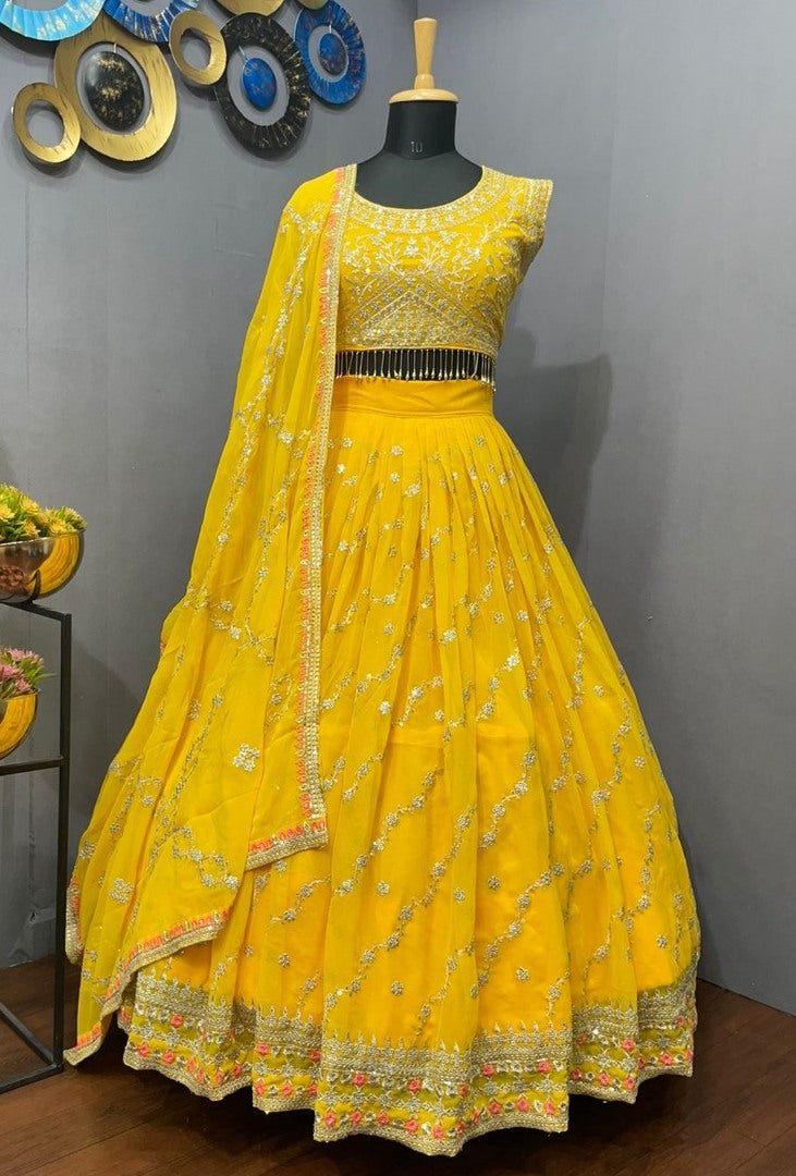 Yellow georgette heavy embroidered wedding lehenga choli