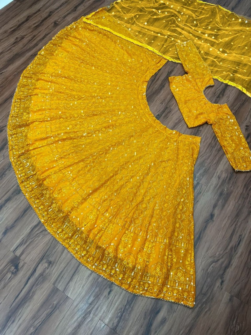 Yellow georgette heavy embroidered wedding lehenga choli