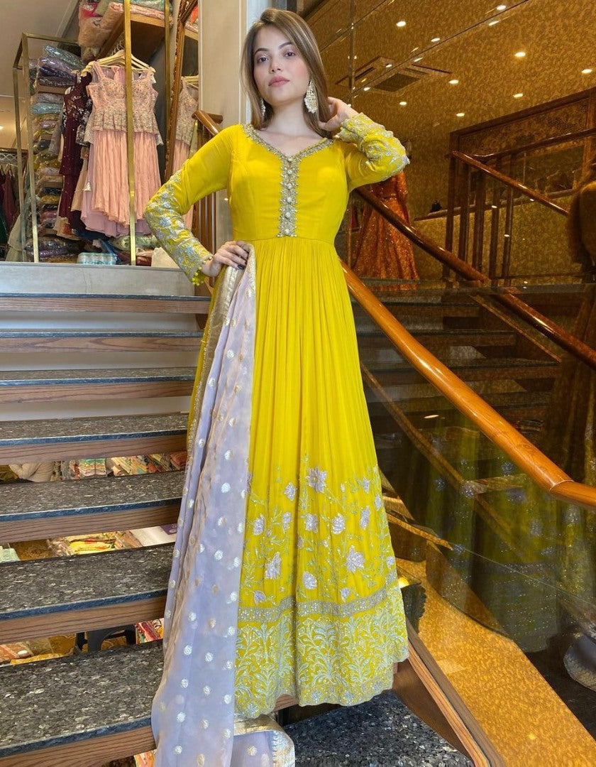 Yellow georgette heavy embroidery work anarkali suit for ceremony