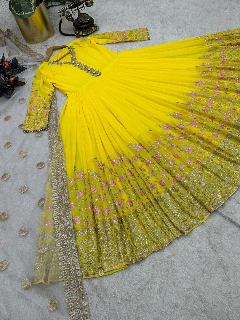 Yellow georgette heavy embroidery work anarkali suit for ceremony