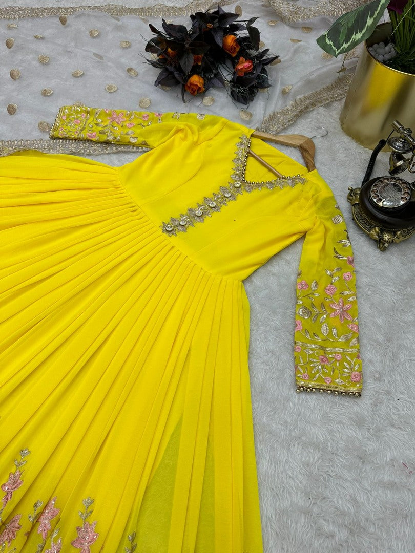 Yellow georgette heavy embroidery work anarkali suit for ceremony