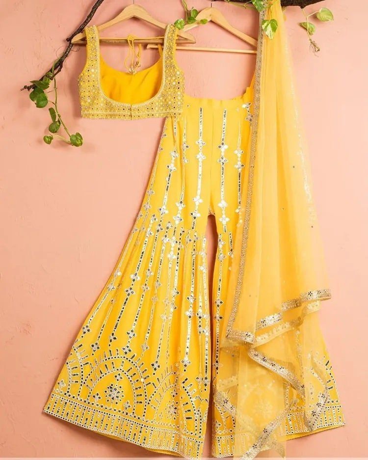 Yellow georgette heavy embroidery work designer plazzo suit