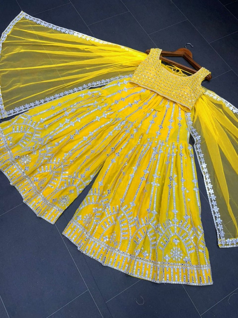 Yellow georgette heavy embroidery work designer plazzo suit