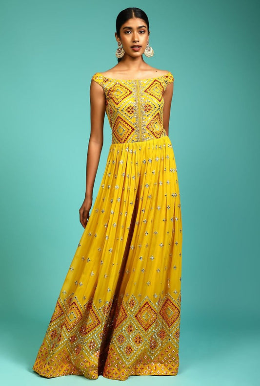 Yellow georgette heavy multi thread work ethnic jumpsuit