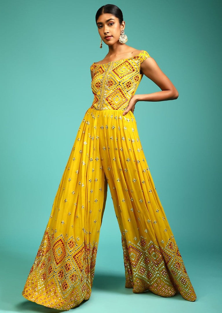 Yellow georgette heavy multi thread work ethnic jumpsuit