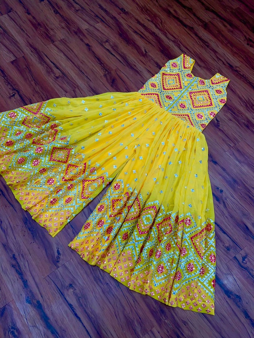 Yellow georgette heavy multi thread work ethnic jumpsuit