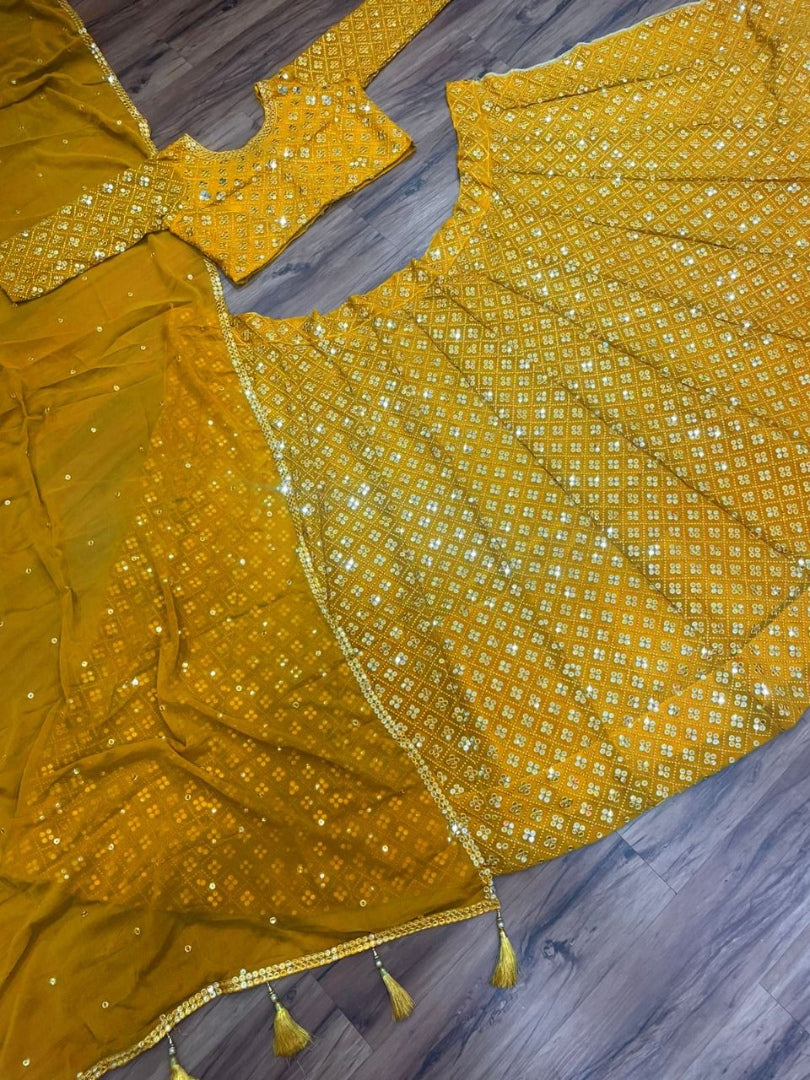 Yellow georgette heavy sequence embroidery work wedding lehenga choli
