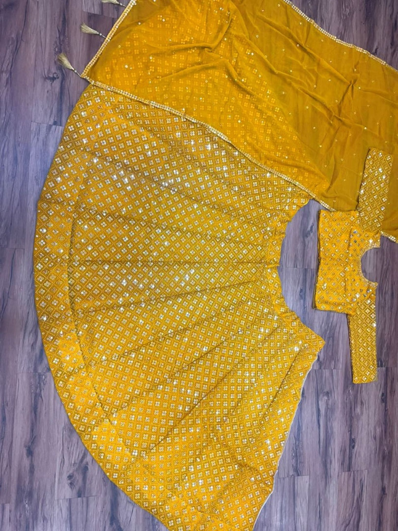 Yellow georgette heavy sequence embroidery work wedding lehenga choli