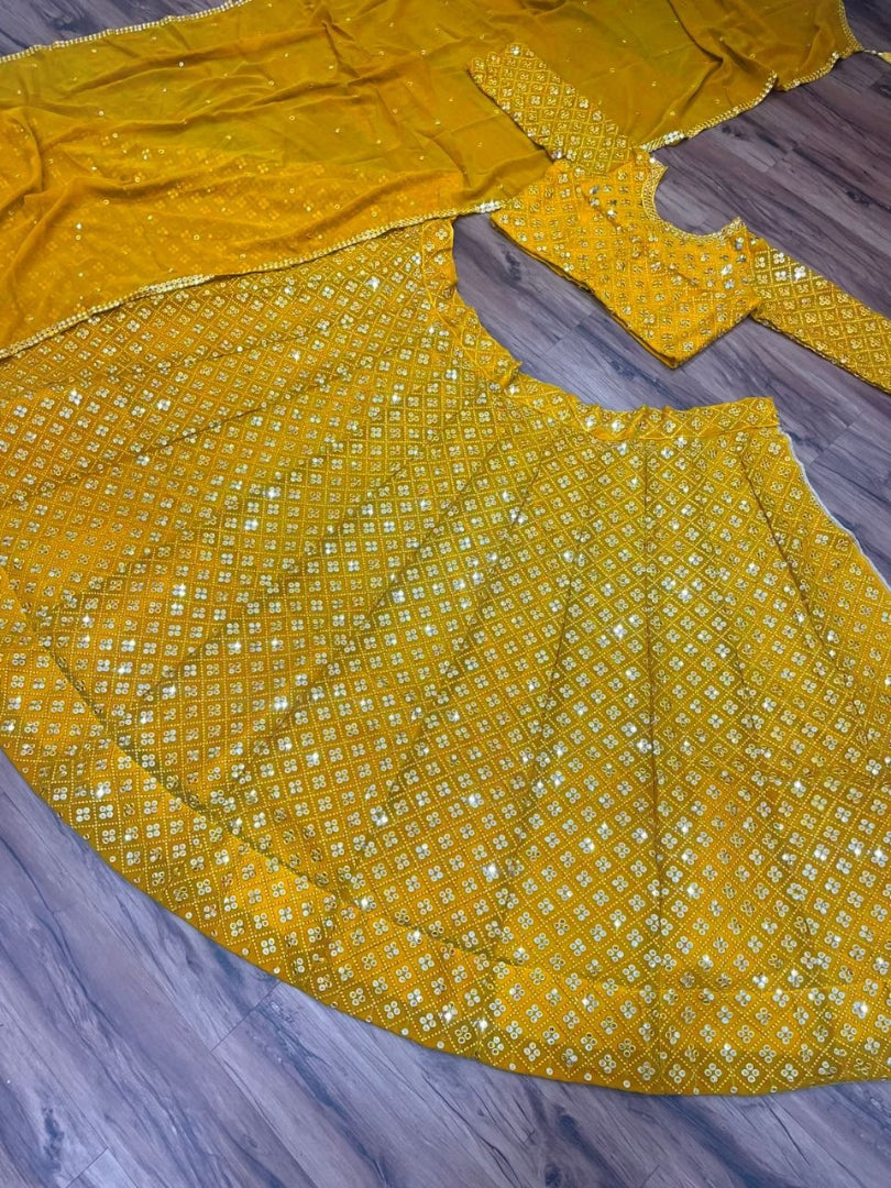 Yellow georgette heavy sequence embroidery work wedding lehenga choli