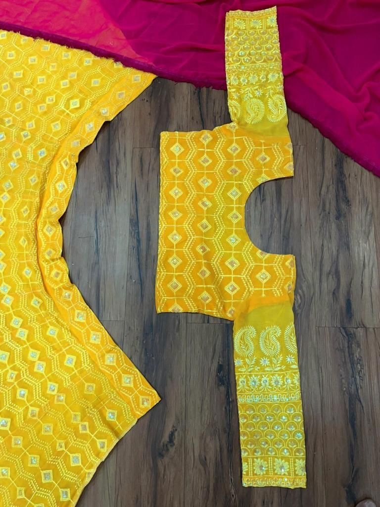 Yellow georgette heavy thread and sequence work lehenga choli for haldi ceremony