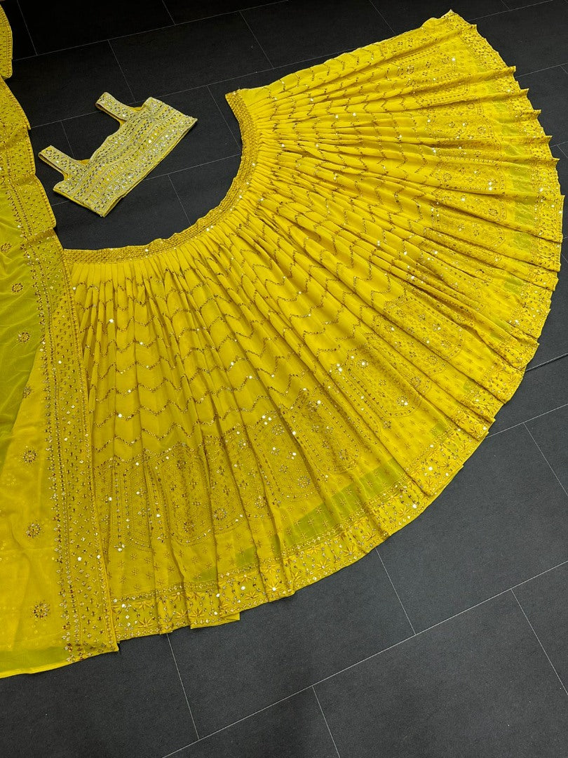 Yellow georgette heavy thread sequence work lehenga for haldi ceremony