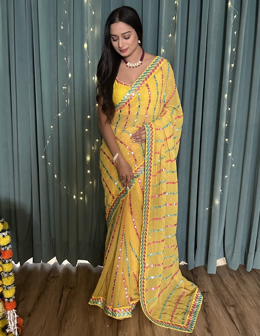 Yellow georgette heavy work festive ceremonial saree