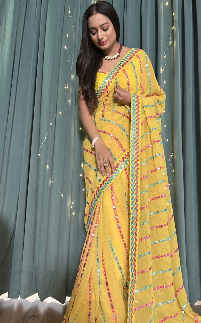Yellow georgette heavy work festive ceremonial saree