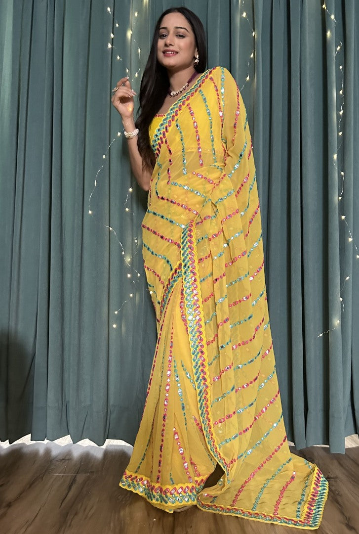 Yellow georgette heavy work festive ceremonial saree