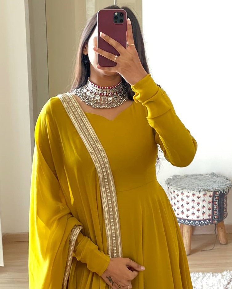 Yellow georgette long party wear anarkali ethnic gown