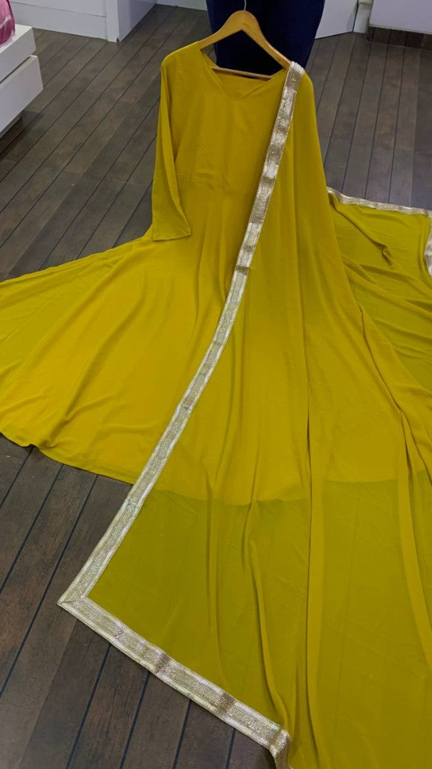 Yellow georgette long party wear anarkali ethnic gown