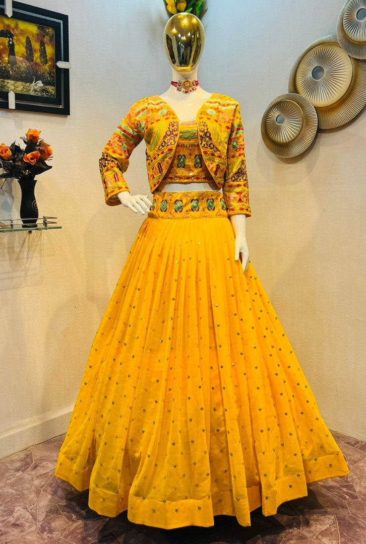 Yellow georgette multi color embroidered indowestern lehenga with jacket