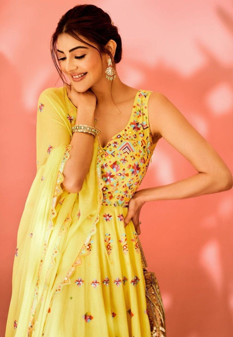 Yellow georgette multicolored threadwork anarkali suit