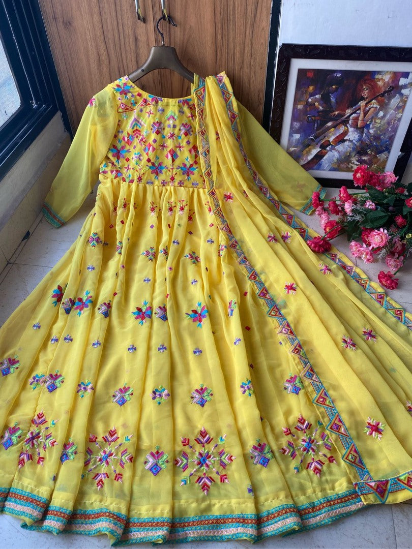 Yellow georgette multicolored threadwork anarkali suit