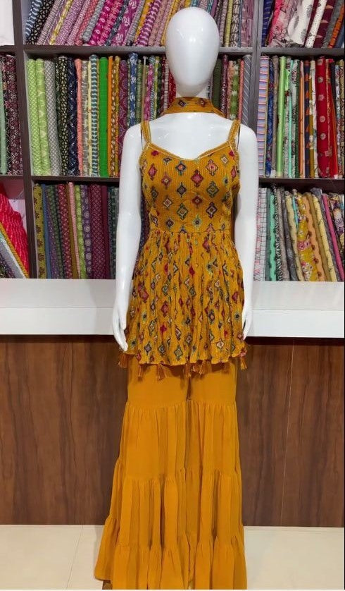 Yellow georgette print and embroidered sharara salwar suit
