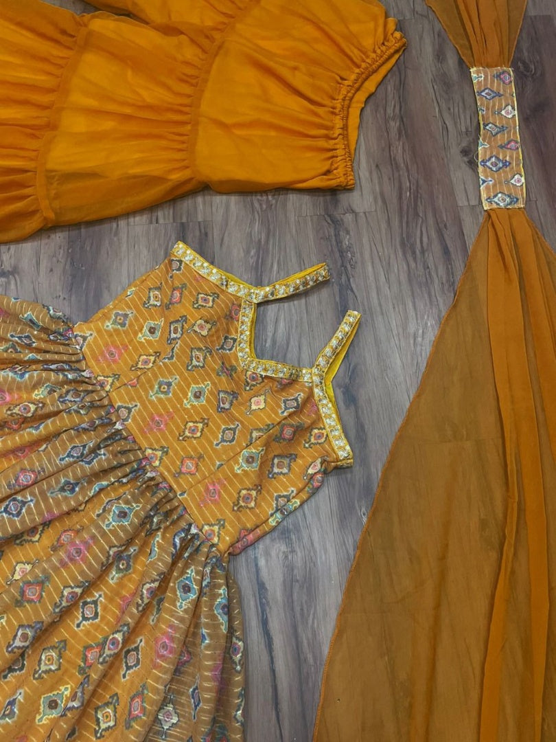 Yellow georgette print and embroidered sharara salwar suit