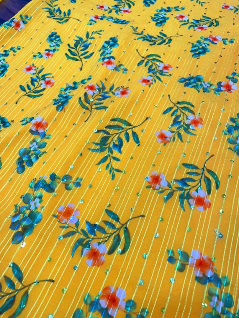 Yellow georgette print and sequence work plazzo suit