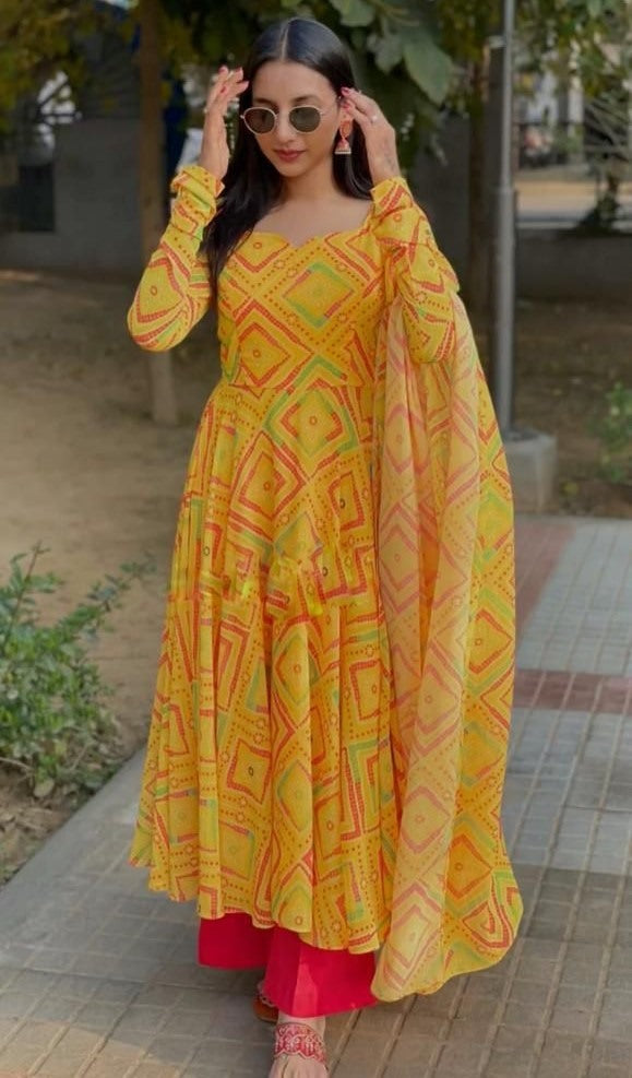 Yellow georgette printed anarkali suit