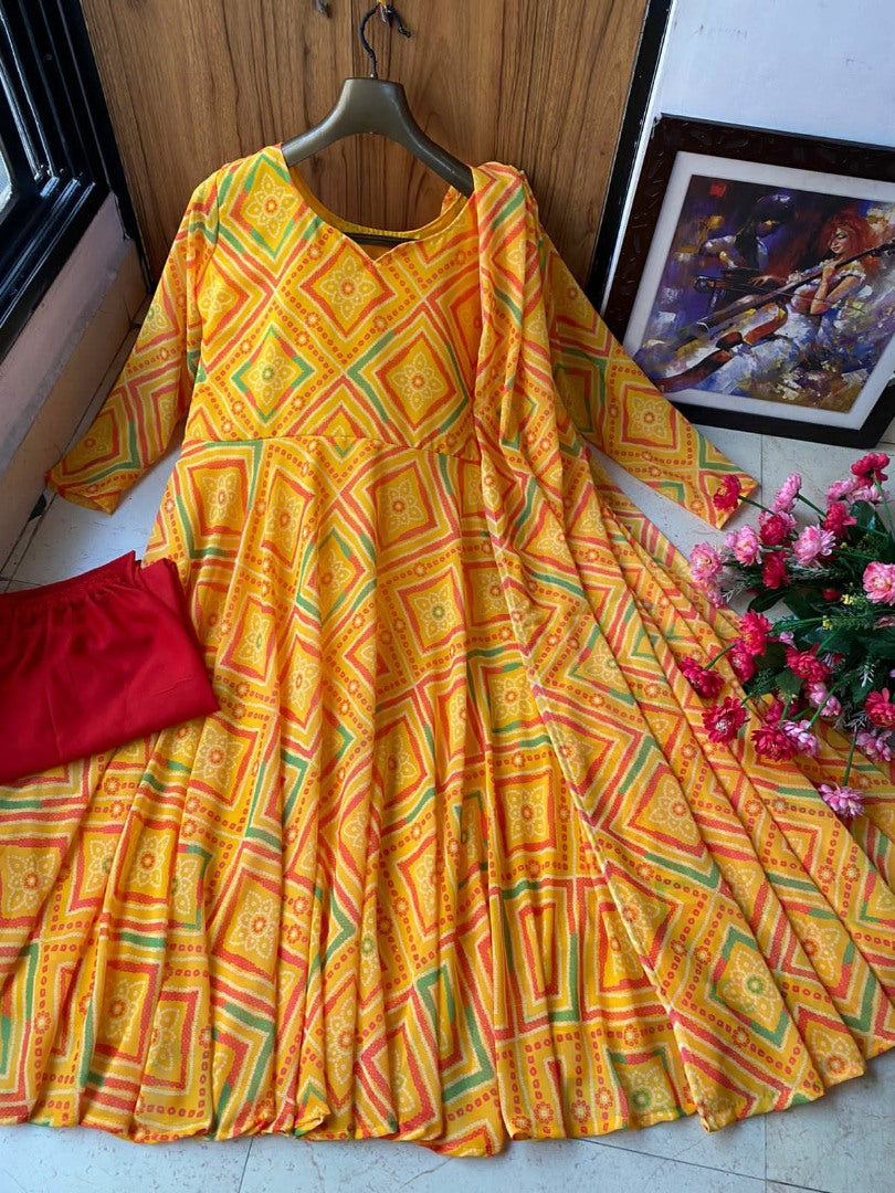 Yellow georgette printed anarkali suit